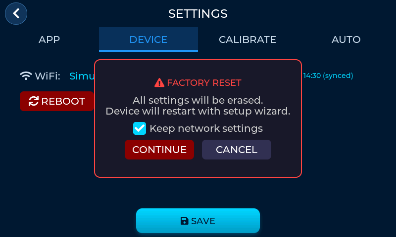 AquaHub Factory Reset Confirmation