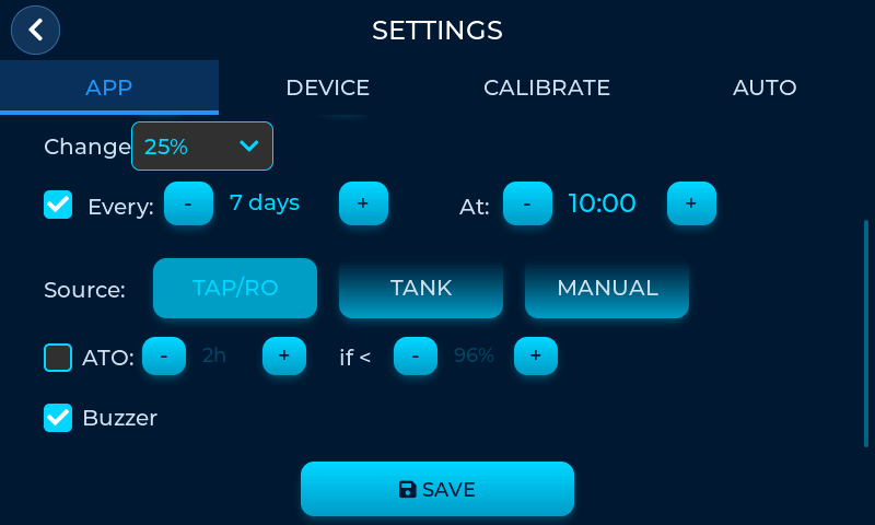 AquaHub Settings ATO and Buzzer